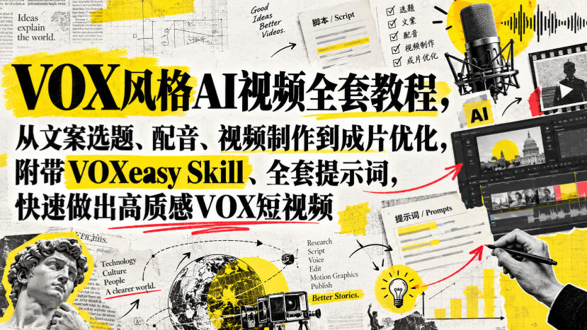 VOX风格AI视频全套教程，从文案选题、配音、视频制作到成片优化，附带VOXeasy Skill、全套提示词，快速做出高质感VOX短视频-52项目站
