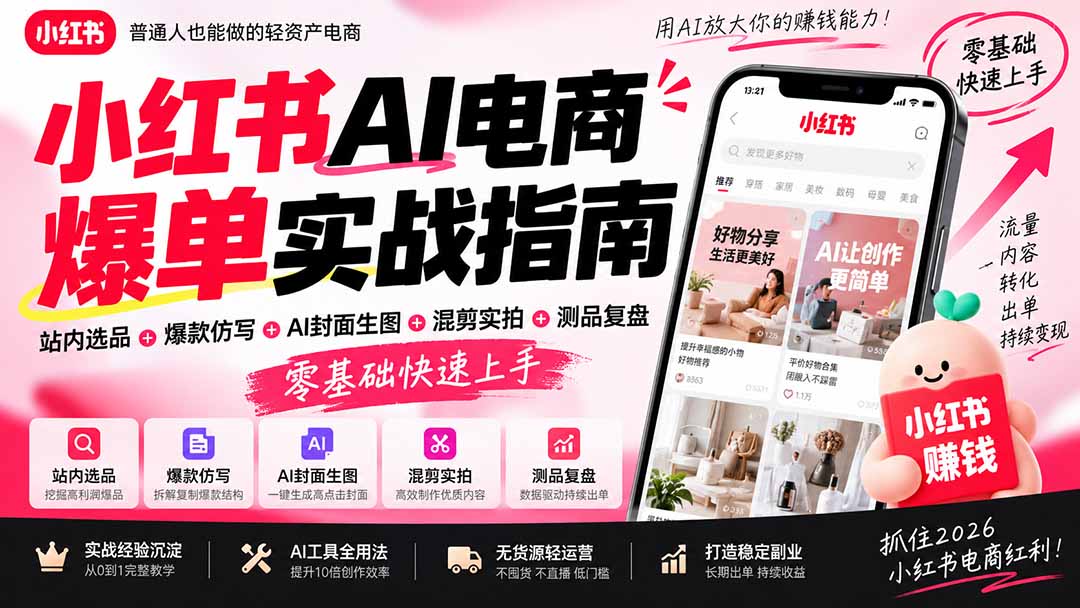 2026小红书AI电商爆单实战指南：站内选品+爆款仿写+AI封面生图+混剪实拍+测品复盘，零基础快速上手-52项目站