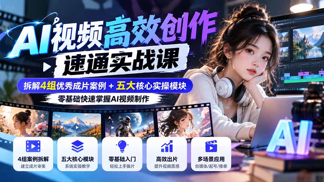 【无水印】AI视频高效创作速通实战课:拆解4组优秀成片案例+五大核心实操模块,零基础快速掌握AI视频制作-52项目站