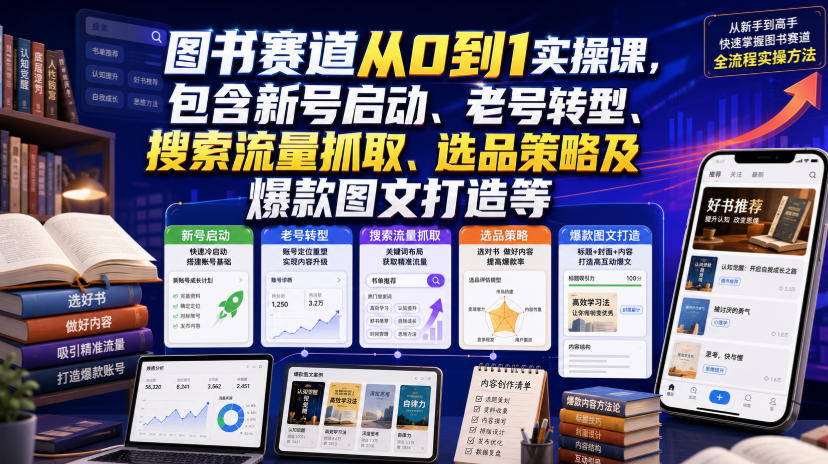 图书赛道从0到1实操课,包含新号启动、老号转型、搜索流量抓取、选品策略及爆款图文打造等-52项目站