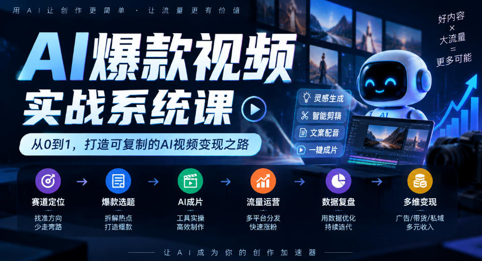 AI爆款视频实战系统课|赛道定位、爆款选题、AI成片、流量运营、数据复盘、多维变现全链路教学-52项目站