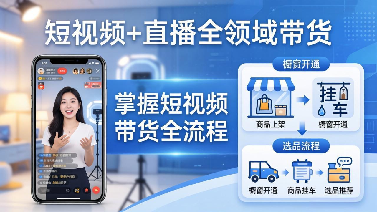 短视频+直播全领域带货-更新：掌握橱窗开通、挂车、选品、爆款文案改编等短视频带货全流程-52项目站