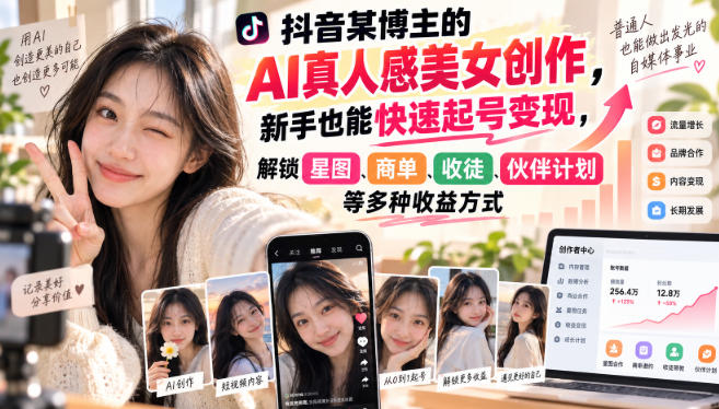 抖音某博主的AI真人感美女创作，新手也能快速起号变现，解锁星图，商单，收徒，伙伴计划等多种收益方式-52项目站