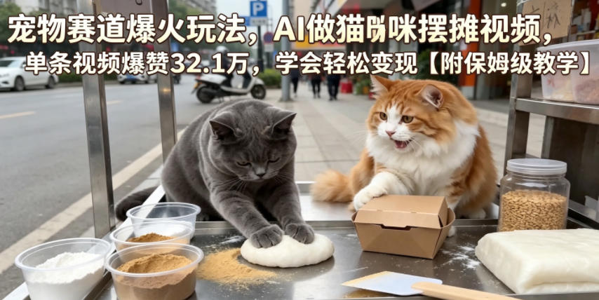 宠物赛道爆火玩法，AI做猫咪摆摊视频，单条视频爆赞32.1万，学会轻松变现【附保姆级教学】-52项目站