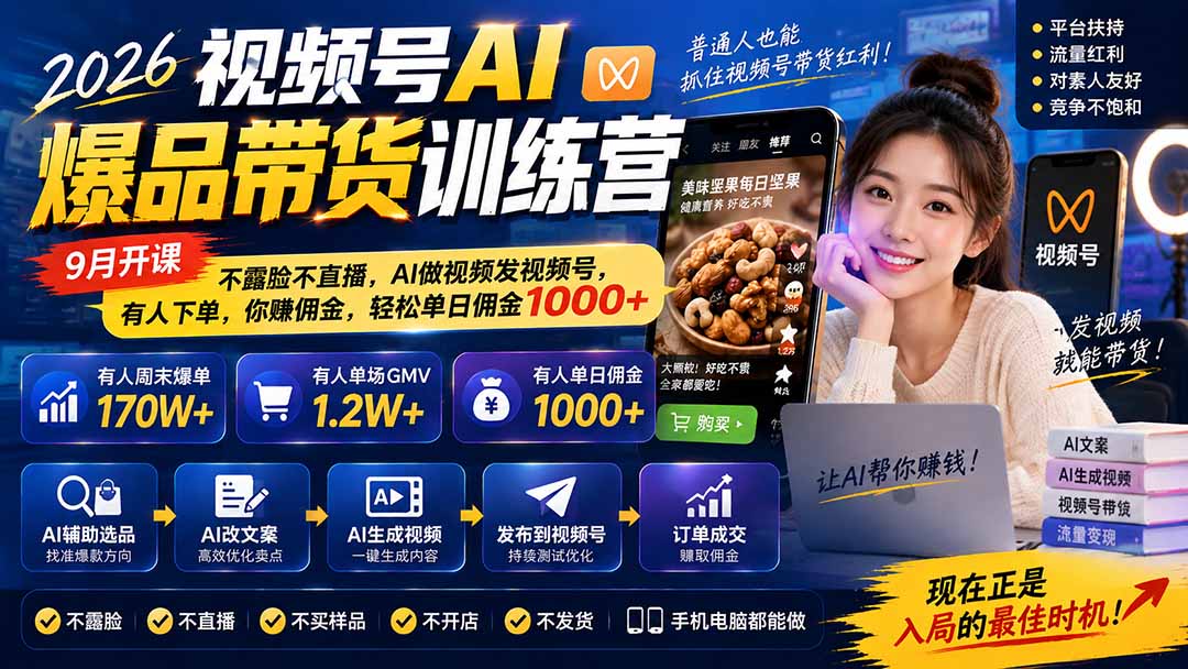 图片[1]-2026视频号AI爆品带货训练营-9月开课｜不露脸不直播，AI做视频发视频号，有人下单，你赚佣金，轻松单日佣金1000+-52项目站