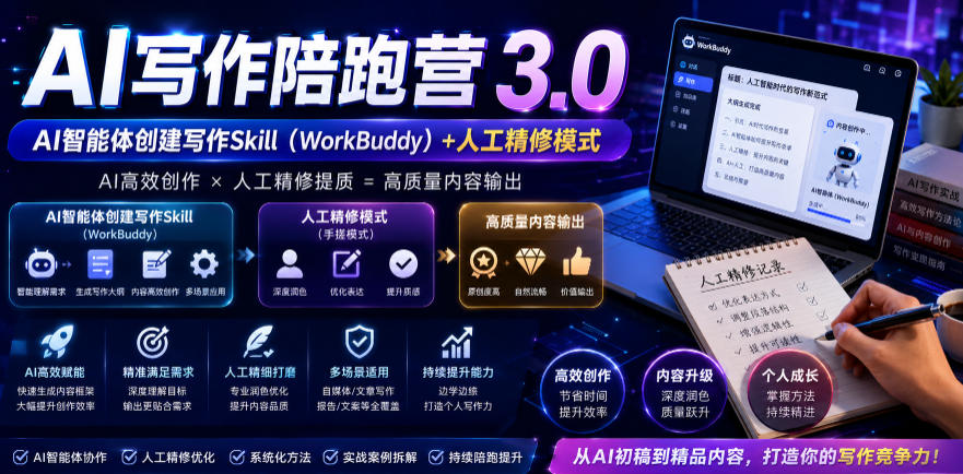AI写作陪跑营3.0，Ai智能体创建写作skill(workbuddy)+人工手写模式(手搓模式)，去除AI痕迹(头条号、公众号、百家号)(更新0814)-52项目站