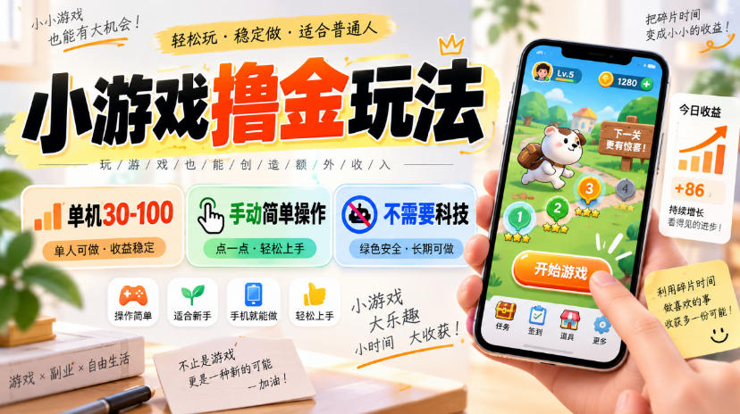 小游戏撸金玩法，单机30-100，手动简单操作，不需要科技-52项目站
