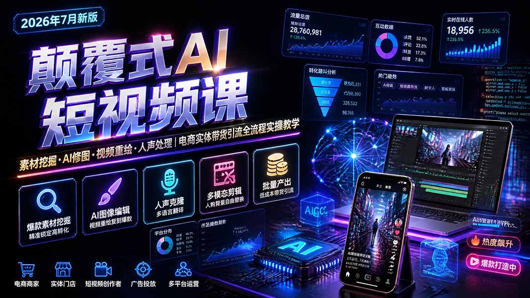 颠覆式AI短视频课｜素材挖掘，AI修图，视频重绘，人声处理｜电商实体带货引流全流程实操教学-52项目站