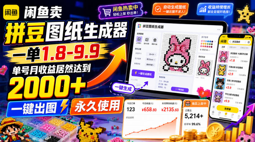 闲鱼卖拼豆图纸生成器，一单1.8-9.9，单号月收益居然达到2000+一键出图永久使用-52项目站