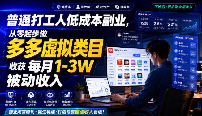 普通打工人低成本副业，从零起步做多多虚拟类目，收获每月1-3W被动收入【揭秘】-52项目站