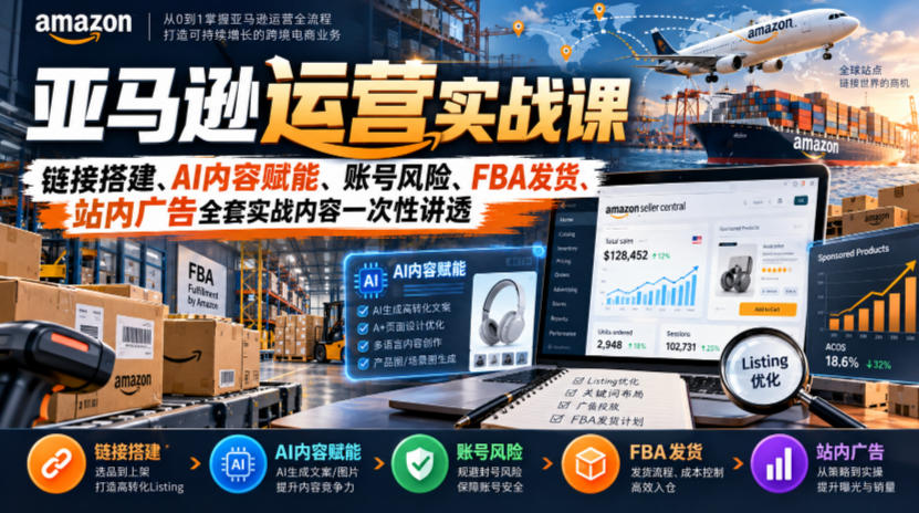 亚马逊运营实战课，链接搭建、AI内容赋能、账号风险、FBA发货、站内广告全套实战内容一次性讲透-52项目站