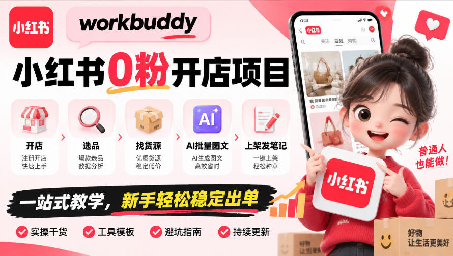 workbuddy小红书0粉开店项目，开店、选品、找货源、AI批量图文、上架发笔记一站式教学，新手轻松稳定出单-52项目站