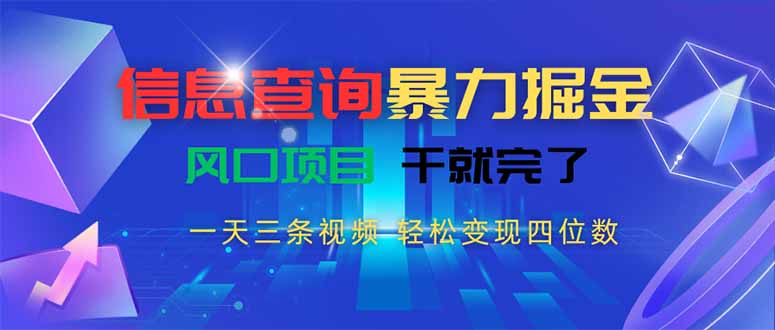 信息查询暴力掘金，一天三条视频 轻松变现四位数，风口项目干就完了-52项目站