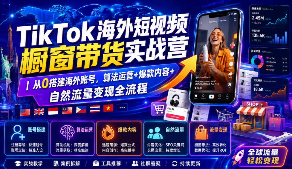 TikTok海外短视频橱窗带货实战营｜从0搭建海外账号，算法运营+爆款内容+自然流量变现全流程-52项目站
