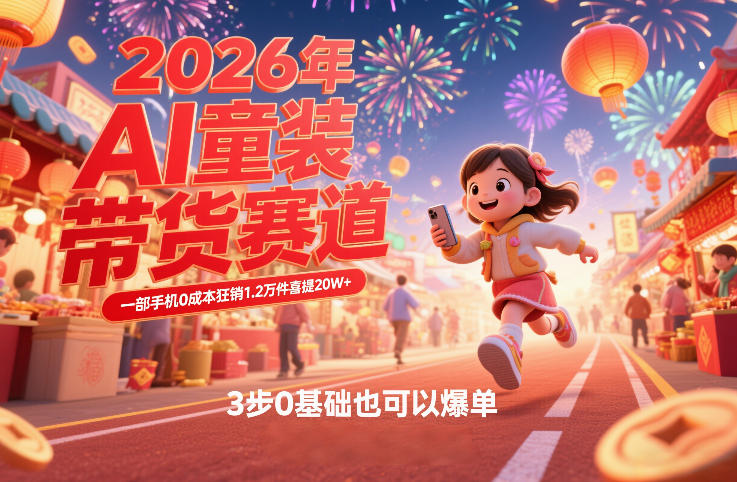 AI童装新春带货赛道，一部手机0成本狂销1.2万件喜提20W+，3步0基础也可以爆单-52项目站