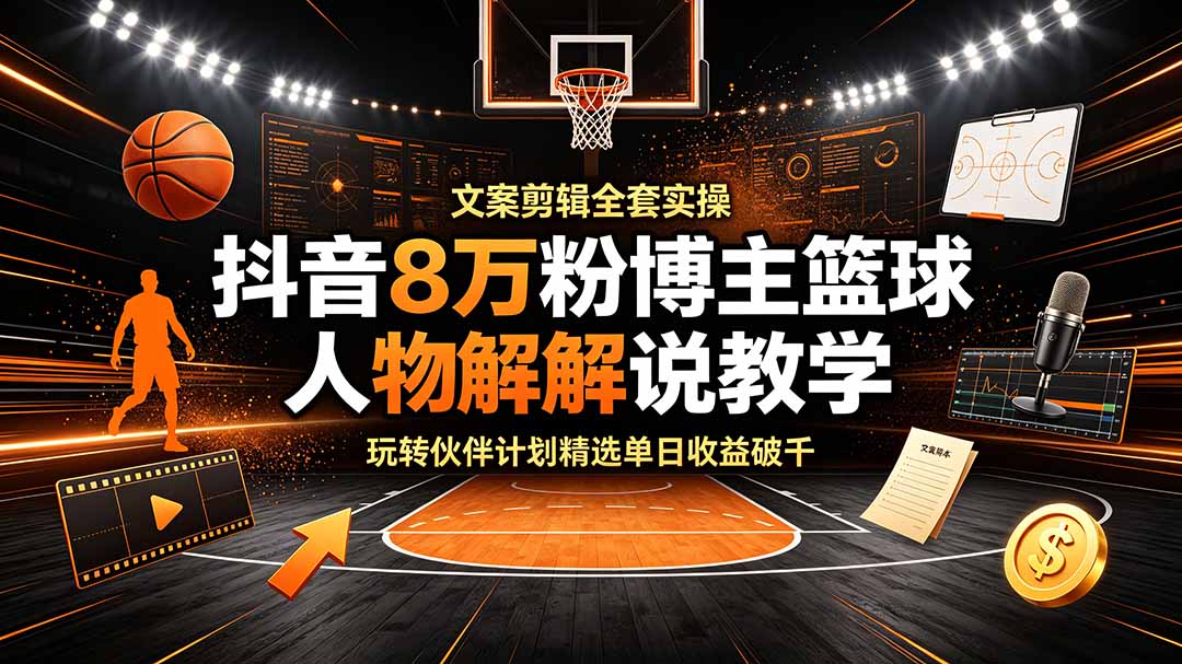 抖音8万粉博主篮球人物解说教学,文案剪辑全套实操,玩转伙伴计划精选单日收益破千-52项目站