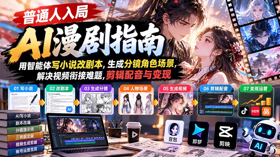 【无水印】普通人入局AI漫剧指南:用智能体写小说改剧本,生成分镜角色场景,解决视频衔接难题,剪辑配音与变现-52项目站