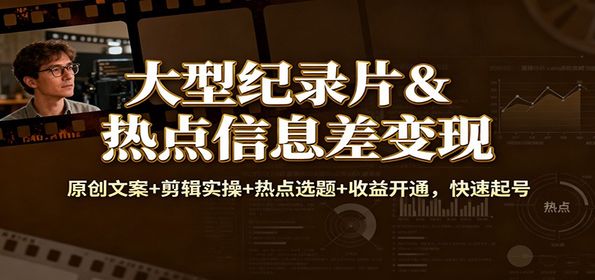大型纪录片&热点信息差变现:原创文案+剪辑实操+热点选题+收益开通,快速起号-52项目站