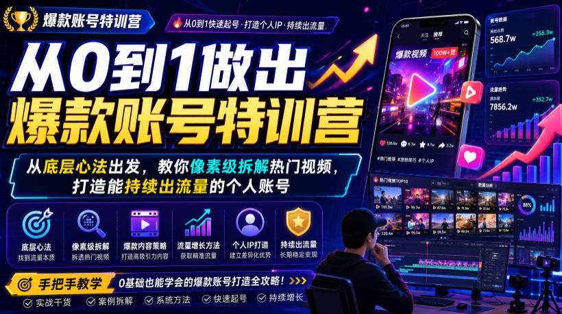 从0到1做出爆款账号特训营，从底层心法出发，教你像素级拆解热门视频，打造能持续出流量的个人账号-52项目站