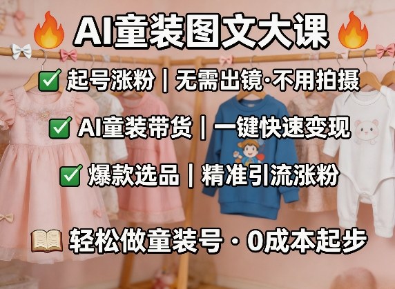 AI童装图文剪辑，某社群童装图文大课，起号涨粉、AI童装带货、爆款选品，无需出镜和拍摄-52项目站