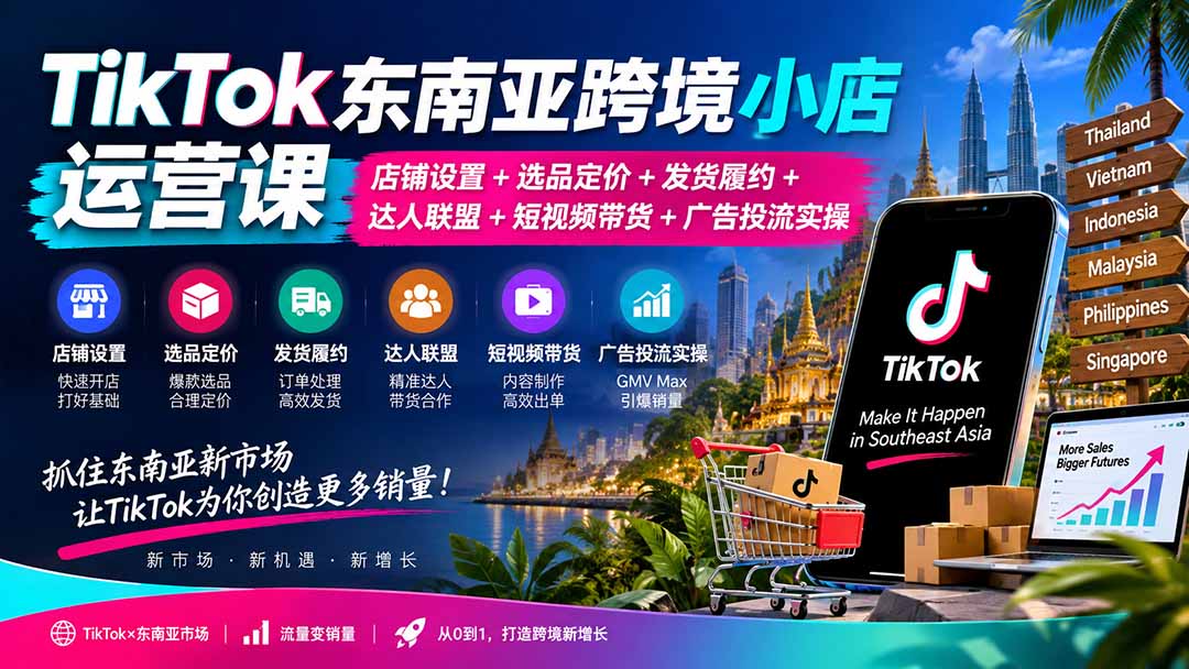 TikTok东南亚跨境小店运营课：店铺设置+选品定价+发货履约+达人联盟+短视频带货+广告投流实操-52项目站