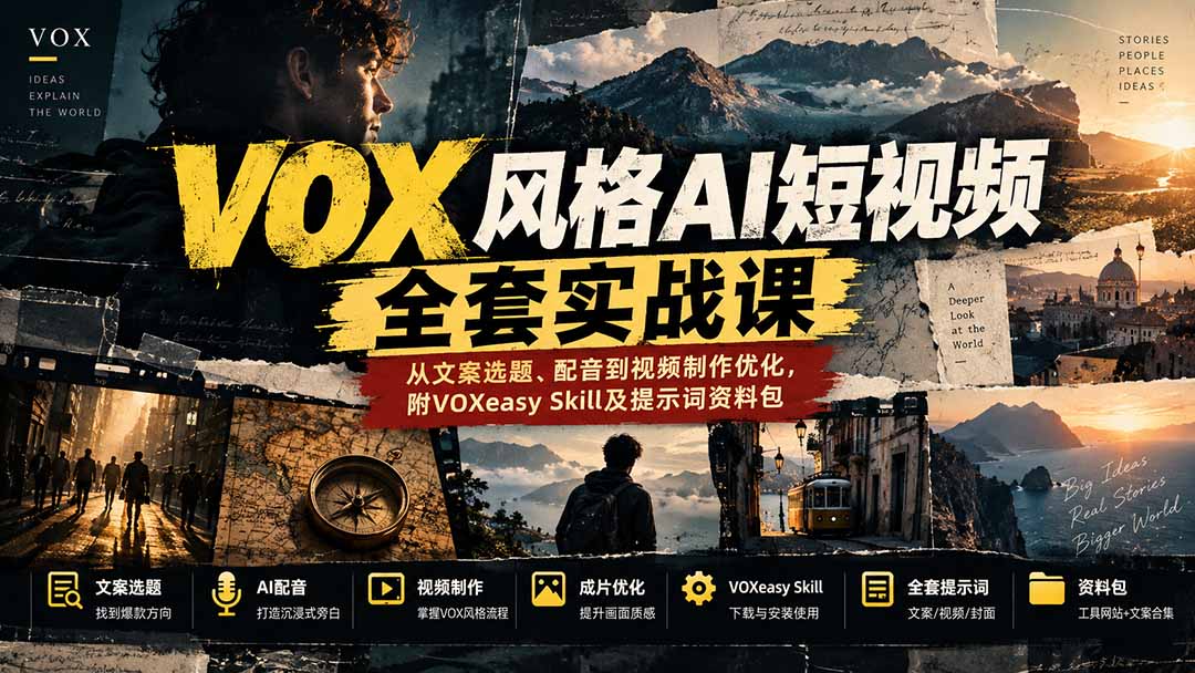 【无水印】VOX风格AI短视频全套实战课:从文案选题、配音到视频制作优化,附VOXeasy Skill及提示词资料包-52项目站