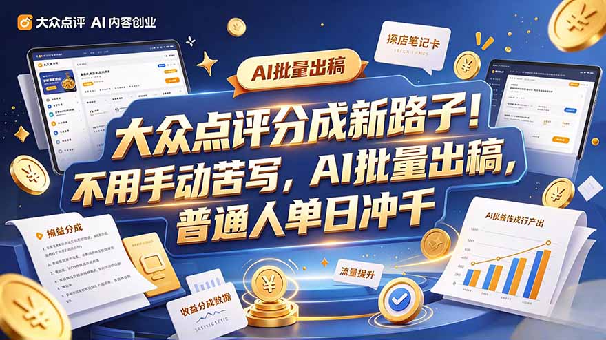 大众点评副业新玩法，工具提效解放双手，批量做笔记，单日可破千-52项目站