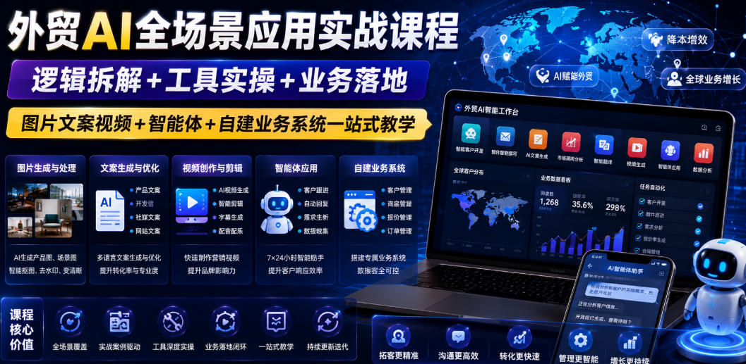 外贸AI全场景应用实战课程｜逻辑拆解+工具实操+业务落地，图片文案视频+智能体+自建业务系统一站式教学-52项目站