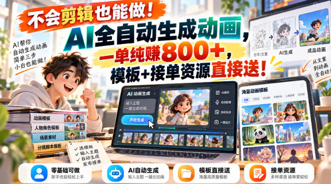 不会剪辑也能做!AI全自动生成动画,一单纯賺800+,模板+接单资源直接送!【揭秘】-52项目站