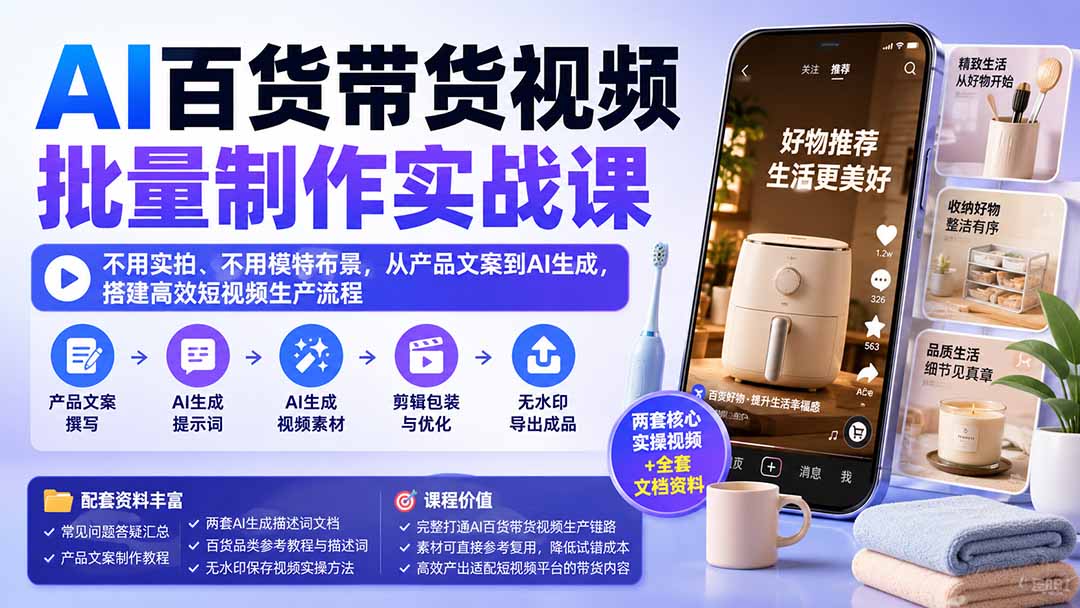 AI百货带货视频批量制作实战课：不用实拍、不用模特布景，从产品文案到AI生成，搭建高效短视频生产流程-52项目站