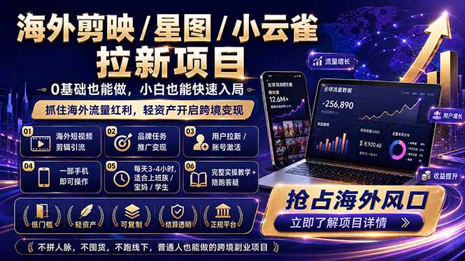 海外剪映 / 星图 / 小云雀拉新项目 普通人也能上手的跨境流量变现副业-52项目站