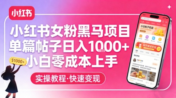 小红书女粉黑马项目，单篇帖子日入1k+，小白零成本上手-52项目站