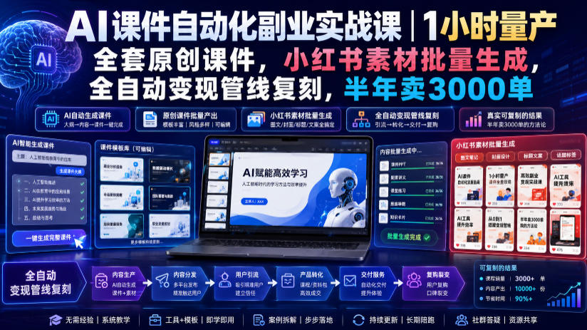 AI课件自动化副业实战课｜1小时量产全套原创课件，小红书素材批量生成，全自动变现管线复刻，半年卖3000单-52项目站