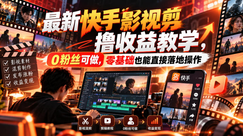 最新快手影视混剪撸收益教学，0粉丝可做，零基础也能直接落地操作-52项目站