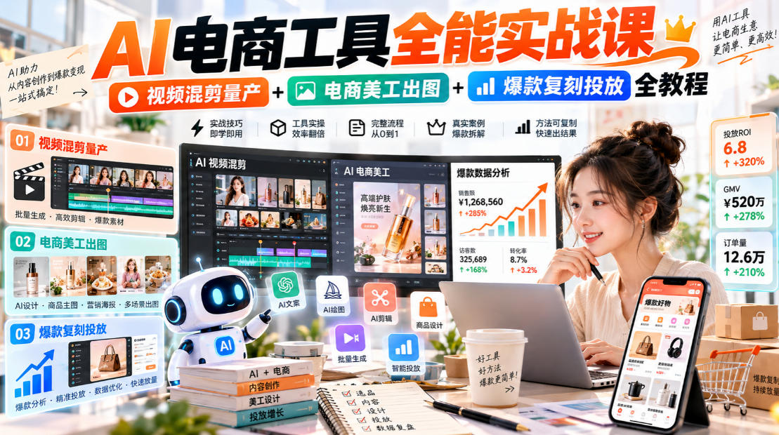 AI电商工具全能实战教学，视频混剪量产+电商美工出图+爆款复刻投放全教程​-52项目站