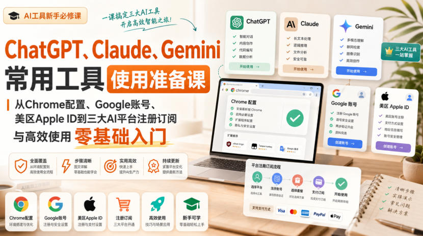 ChatGPT、Claude、Gemini常用工具使用准备课｜从Chrome配置、Google账号、美区Apple ID到三大AI平台注册订阅与高效使用零基础入门-52项目站