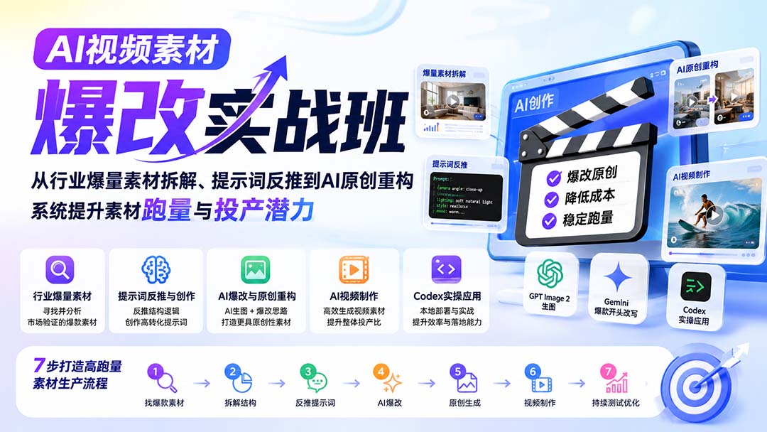 AI视频素材爆改实战班-更新8月：从行业爆量素材拆解、提示词反推到AI原创重构，系统提升素材跑量与投产潜力-52项目站
