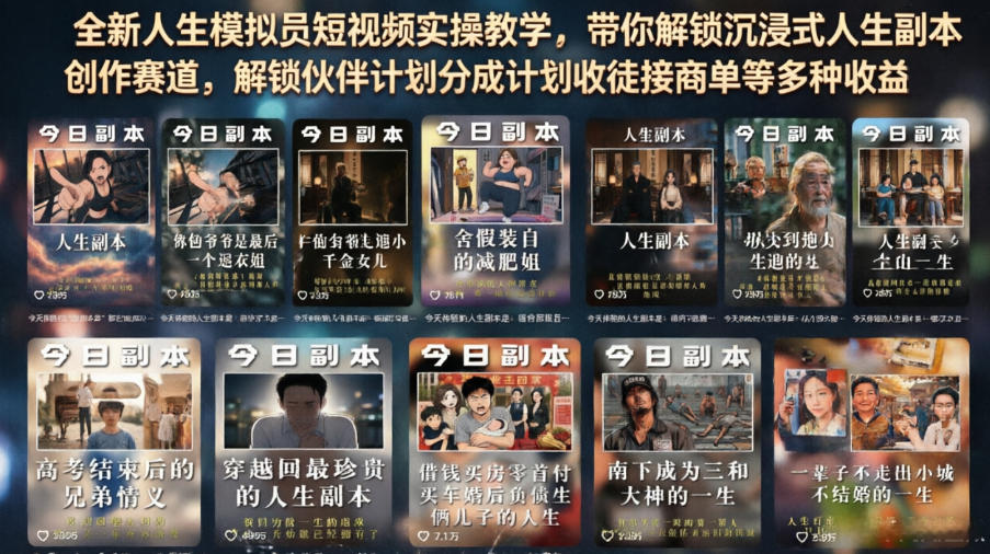 全新人生模拟员短视频实操教学，带你解锁沉浸式人生副本创作赛道，解锁伙伴计划分成计划收徒接商单等多种收益-52项目站