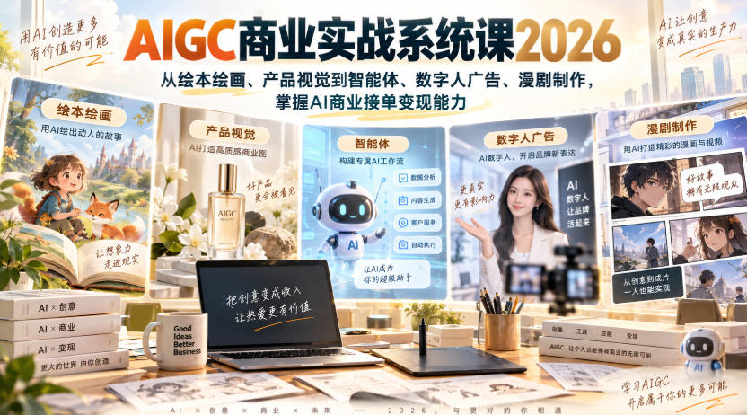 AIGC商业实战系统课2026,从绘本绘画、产品视觉到智能体、数字人广告、漫剧制作,掌握AI商业接单变现能力-52项目站