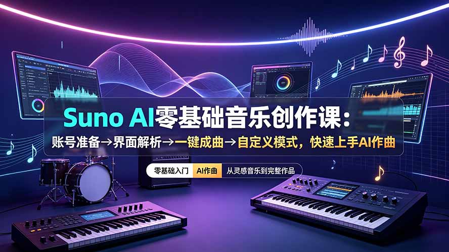 Suno AI零基础音乐创作课：账号准备→界面解析→一键成曲→自定义模式，快速上手AI作曲-52项目站
