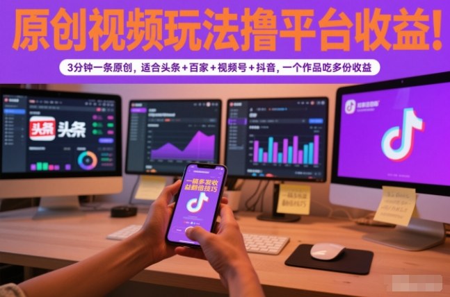 原创视频玩法撸平台收益,3分钟一条原创,适合头条+百家+视频号+抖音,一个作品吃多份收益-52项目站