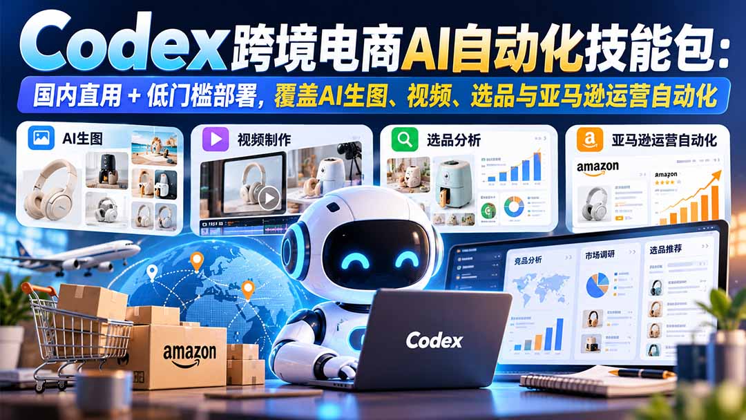 【无水印】Codex跨境电商AI自动化技能包：国内直用+低门槛部署，覆盖AI生图、视频、选品与亚马逊运营自动化-52项目站