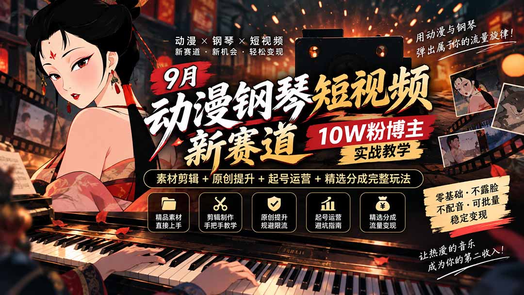 9月动漫钢琴短视频新赛道｜10W粉博主实战教学，素材剪辑+原创提升+起号运营+精选分成完整玩法-52项目站