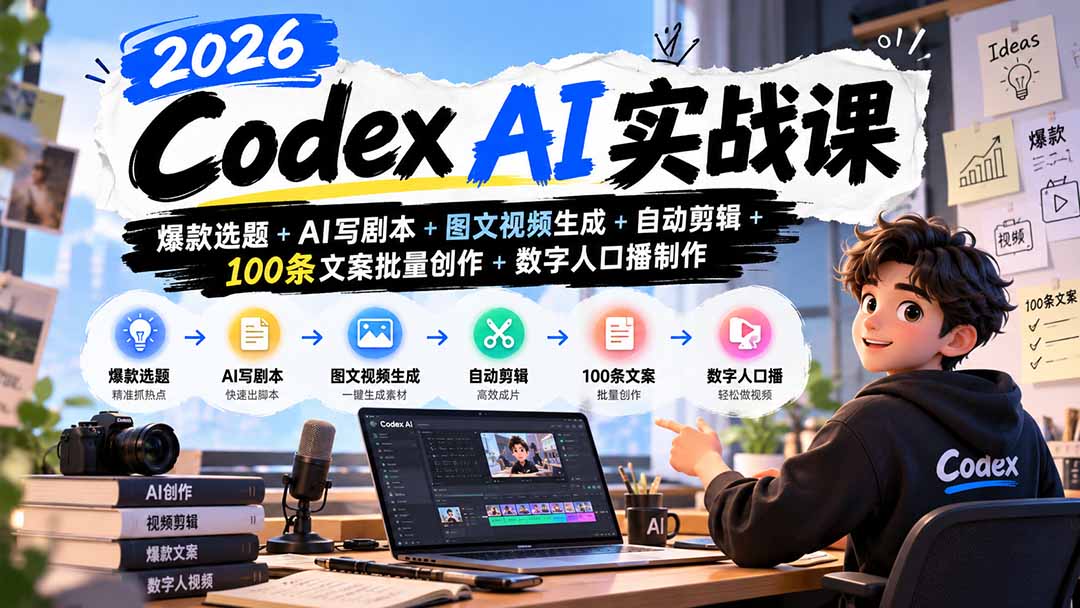 2026Codex AI实战课:爆款选题+AI写剧本+图文视频生成+自动剪辑+100条文案批量创作+数字人口播制作-52项目站