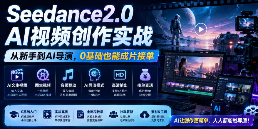 Seedance2.0 AI视频创作实战,从新手到AI导演,0基础也能成片接单变现-52项目站