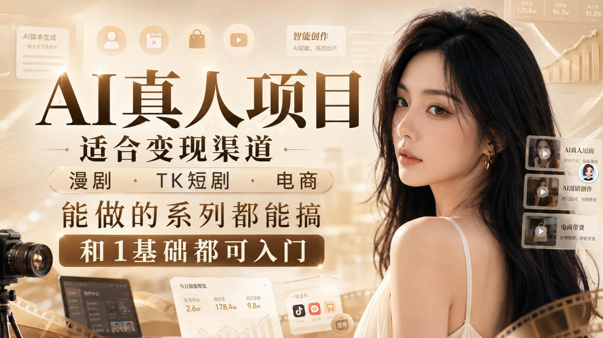 AI真人项目，适合变现渠道，漫剧，TK短剧，电商，能做的系列都能搞，0和1基础都可入门-52项目站