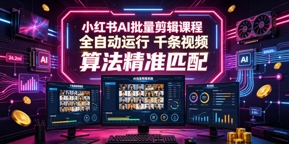 小红书AI批量剪辑课程，24小时全自动运行，解放双手专注运营，千条视频批量处理，小红书算法精准匹配-52项目站