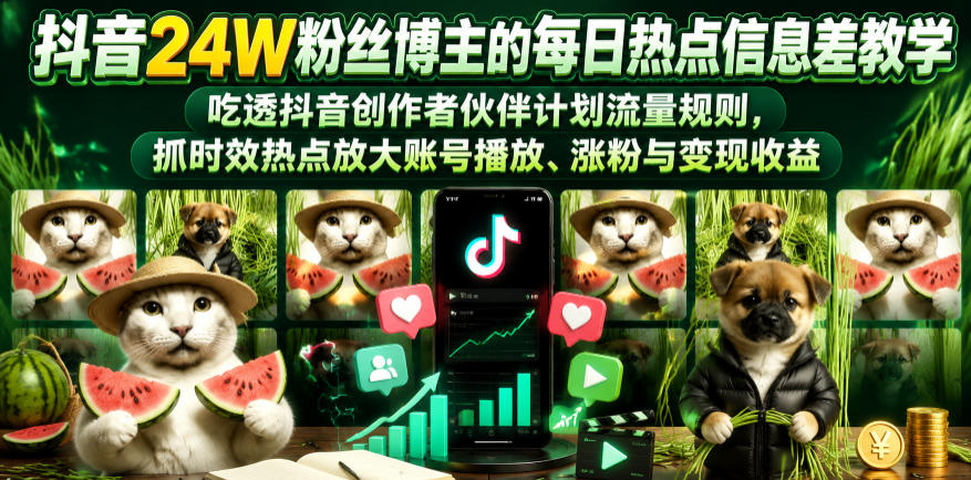 抖音24W粉丝博主的每日热点信息差教学,吃透创作者伙伴计划流量规则,抓时效热点放大账号播放、涨粉与变现收益-52项目站