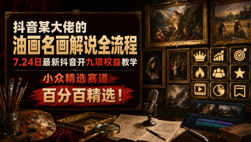 抖音某大佬的油画名画解说全流程，7.24日最新抖音开九项权益教学，小众精选赛道，百分百精选！-52项目站