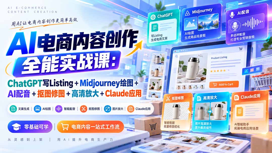 【无水印】AI电商内容创作全能实战课：ChatGPT写Listing+Midjourney绘图+AI配音+抠图修图+高清放大+Claude应用-52项目站